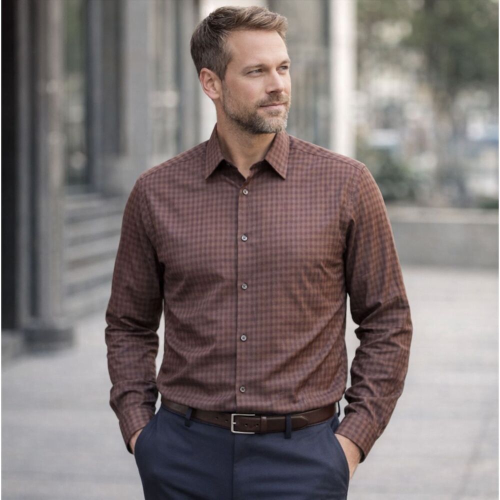 Theory Mens Irving Dress Shirt XL Fade Check Pimento Brown Button Up Preppy NWT
